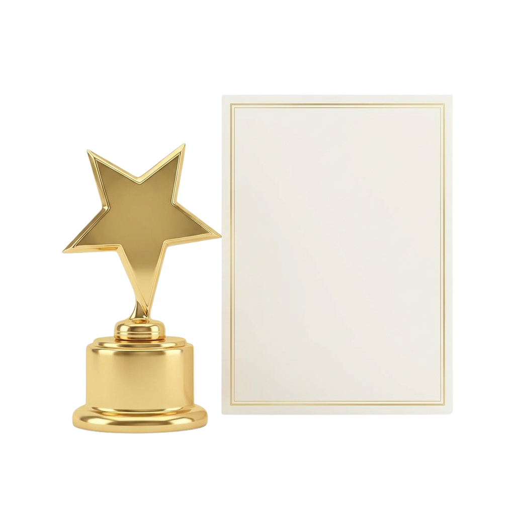Golden star-shaped trophy on a pedestal next to a blank engraved plaque