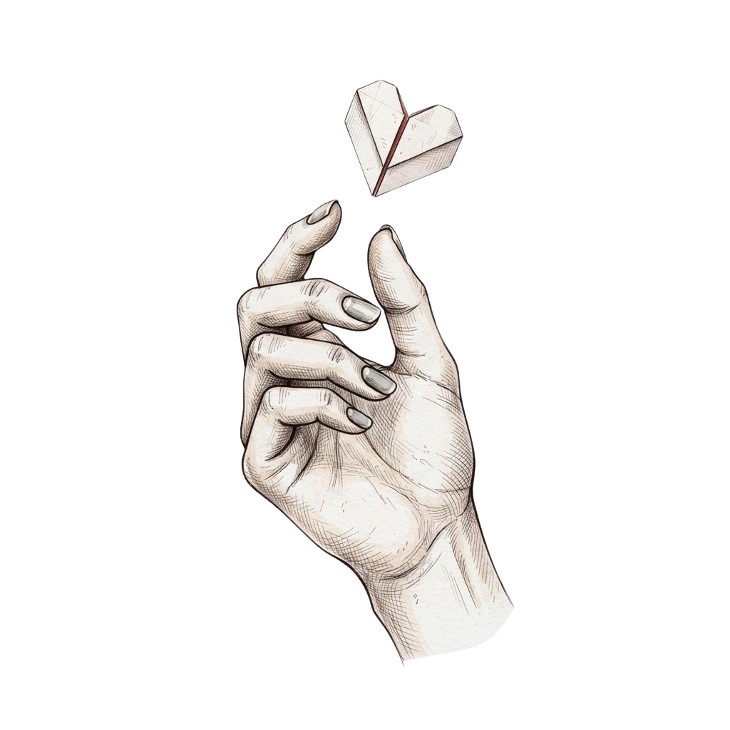 A hand releasing a small origami heart into the air