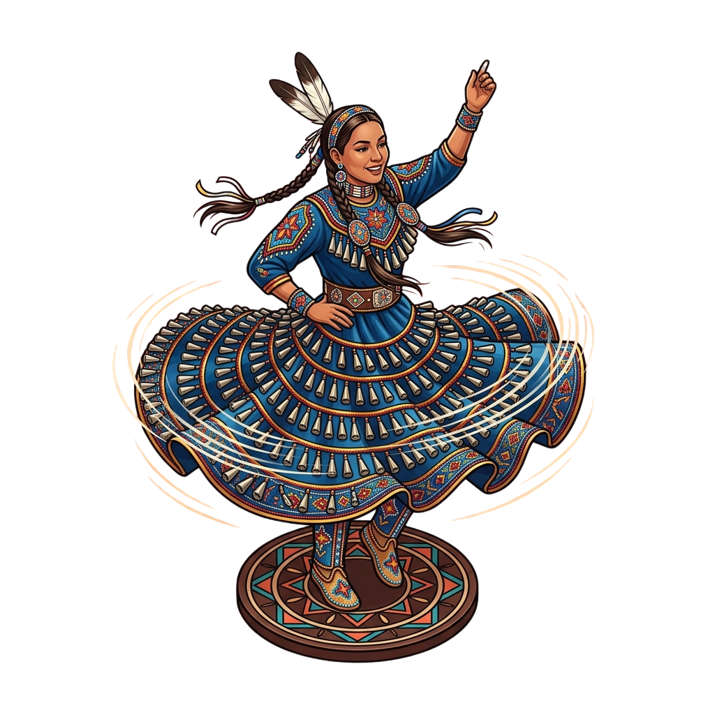 Person in colorful traditional Native American dance attire performing a circular skirt dance with one arm raised.