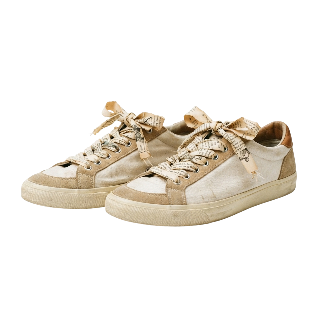 A pair of light beige canvas sneakers with bow-shaped laces tied in front.