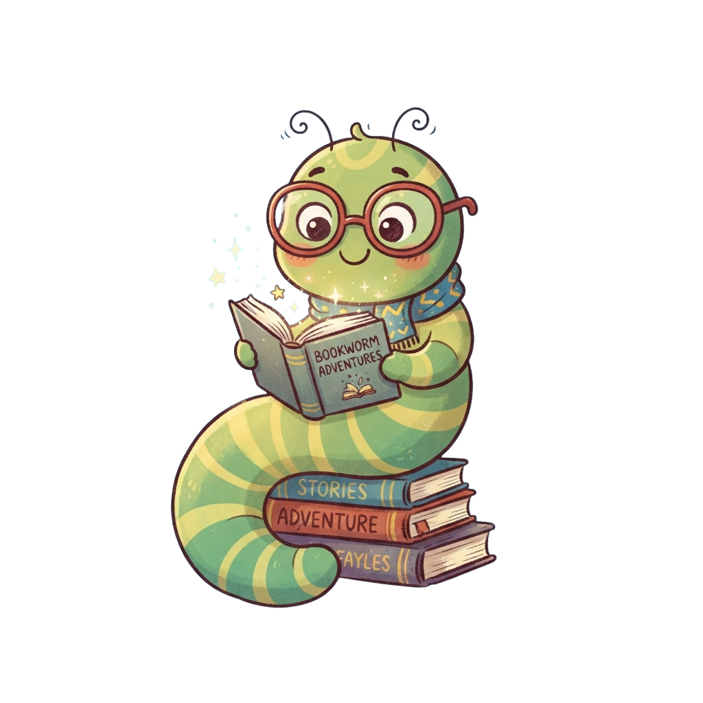 A cheerful caterpillar wearing glasses reads an open book titled Bookworm Adventures while sitting on a stack of books.