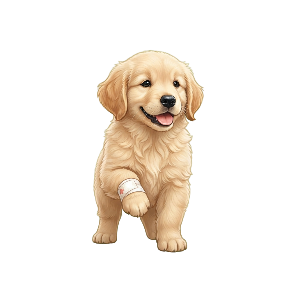 A smiling golden retriever puppy sitting with a bandaged front paw