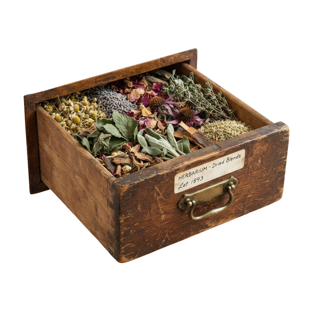 Wooden drawer labeled Herbarium containing dried flowers, herbs, and plant blends from 1893