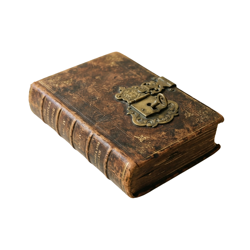 Old leather-bound book featuring a decorative metal clasp and spine labels