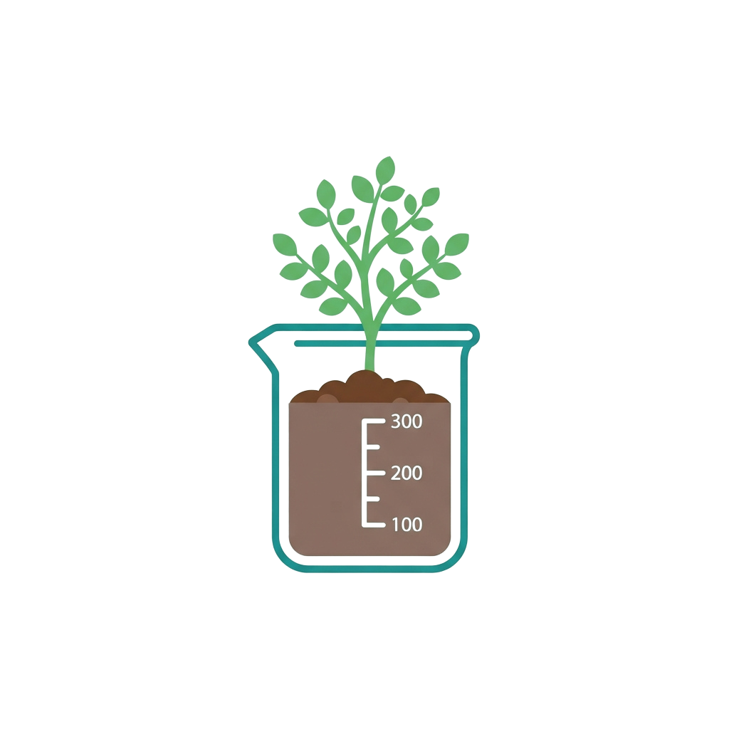 A green plant growing in a small measuring cup filled with soil and marked with volume measurements