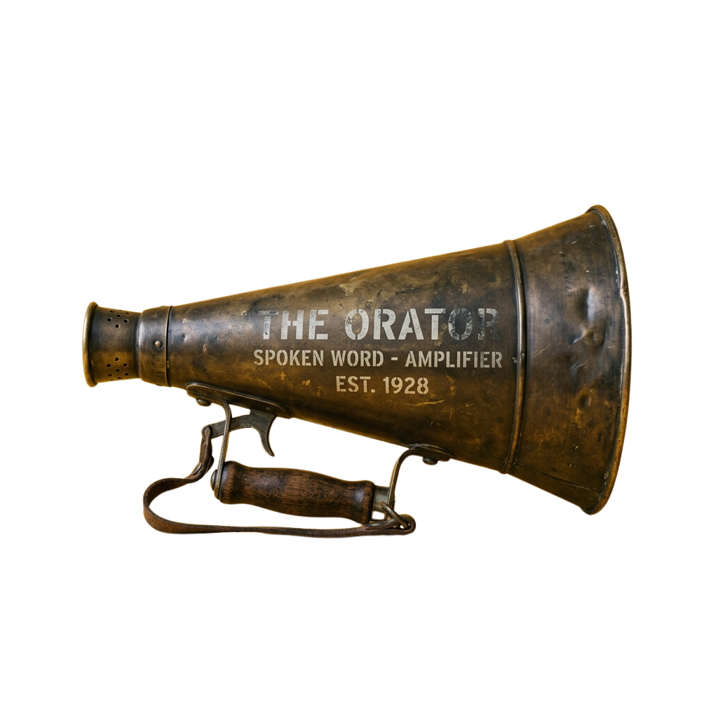 Old brass megaphone labeled spoken word amplifier with handle and dated 1928