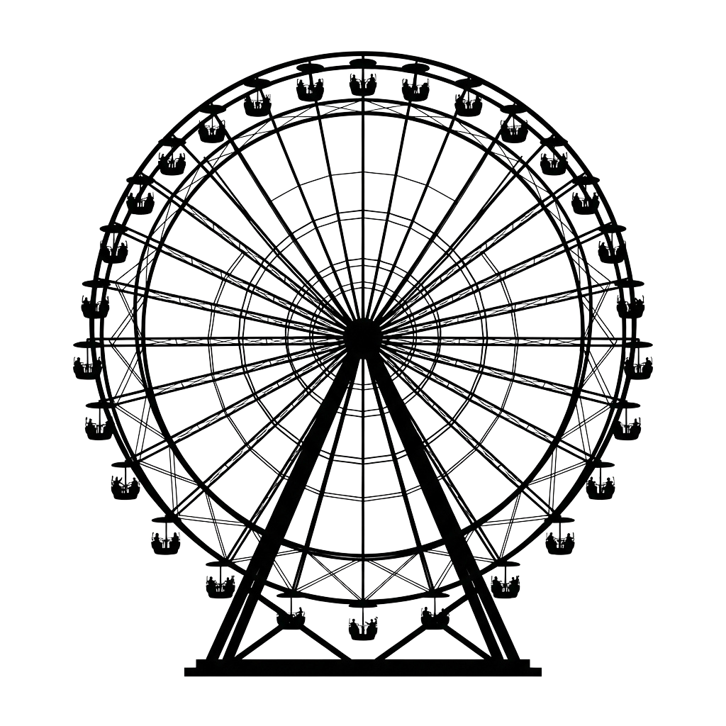 Technical wireframe diagram of a large Ferris wheel structure with detailed support beams and gondolas