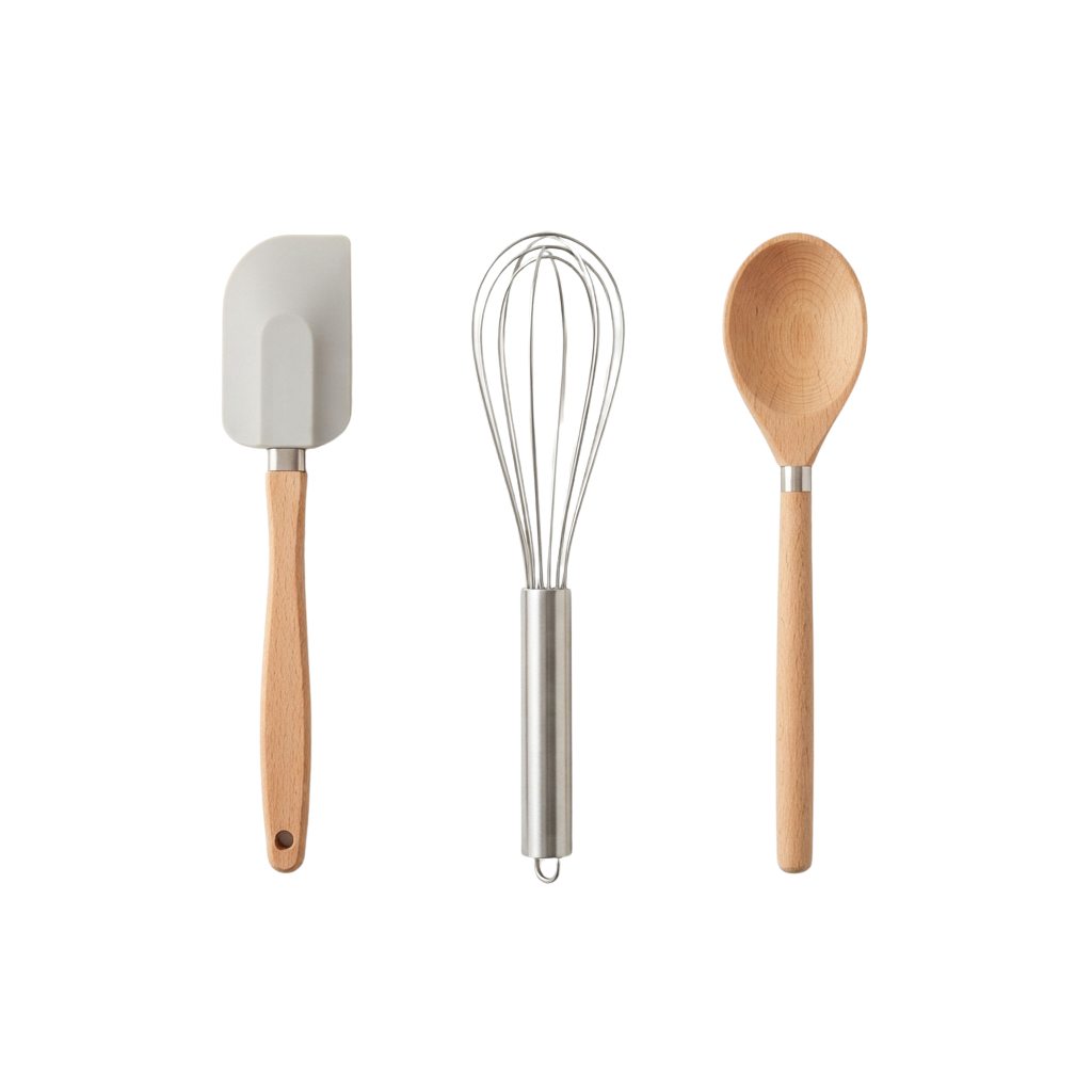 Three kitchen utensils: a silicone spatula, a metal ball whisk, and a wooden spoon on a black background.