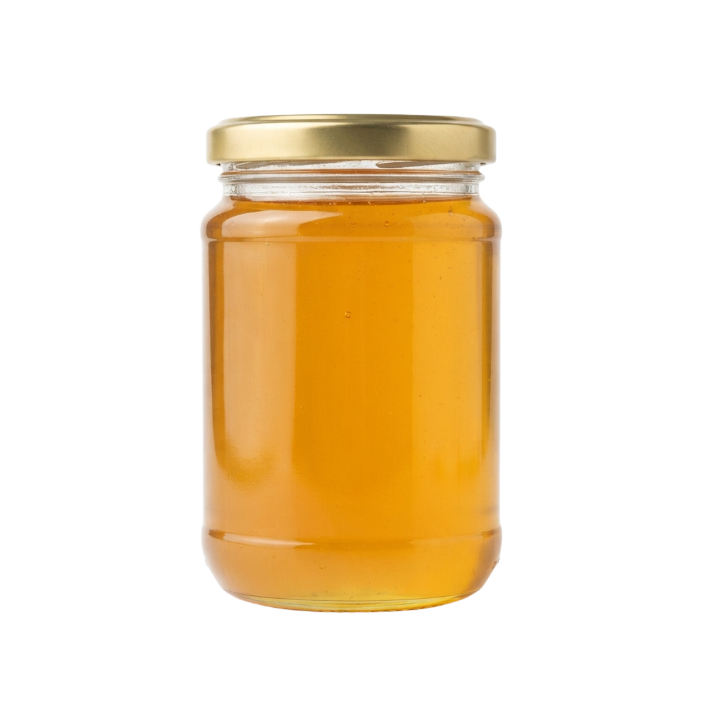 A clear glass jar with a golden liquid inside and a gold-colored metal lid on top