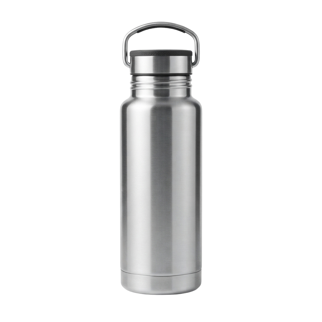 A stainless steel water bottle with a handle lid, standing upright against a black background