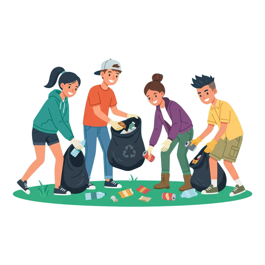 Four children picking up trash and placing items into recycling bags on green grass