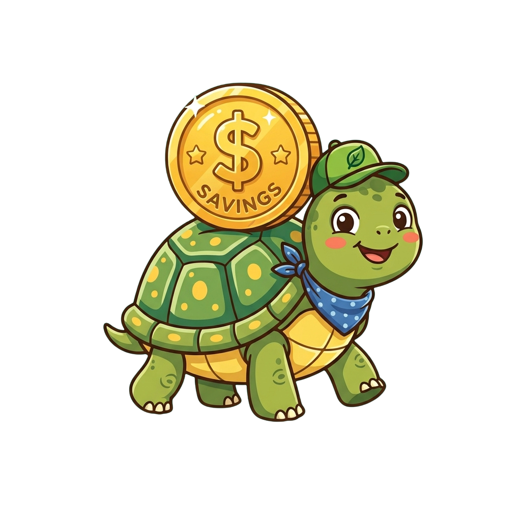 A cheerful cartoon turtle wearing a cap and bowtie balances a large coin labeled Savings on its shell