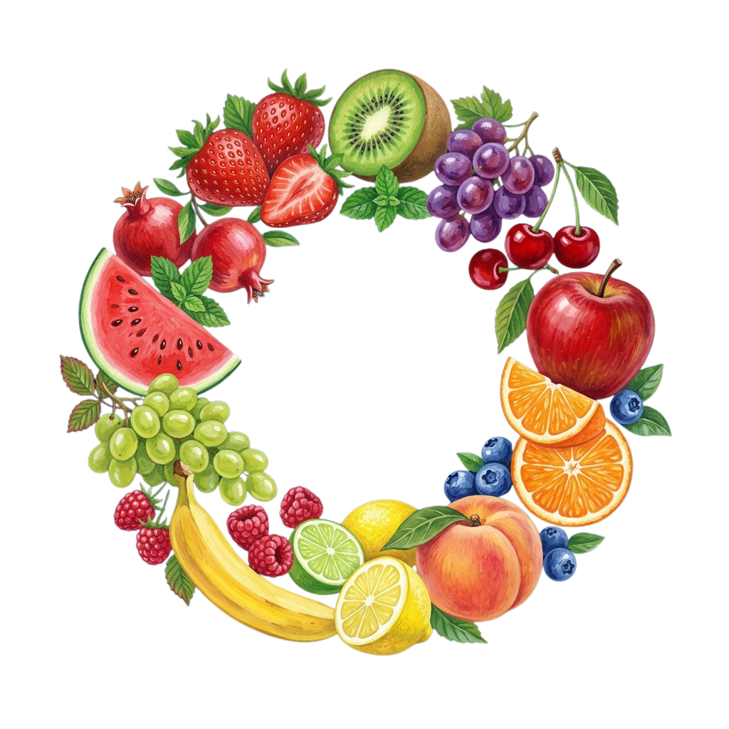 Illustration of a variety of fruits arranged in a circular wreath pattern on a black background