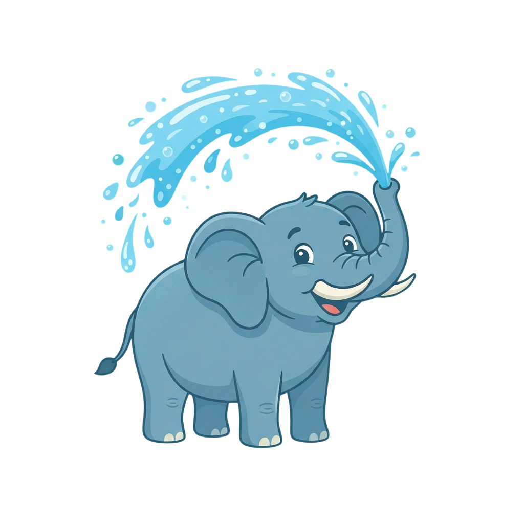 A cheerful cartoon elephant spraying water with its trunk in a playful manner