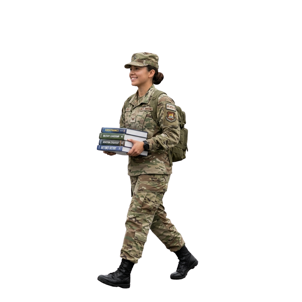 Smiling person in military camouflage uniform holding several books and a backpack