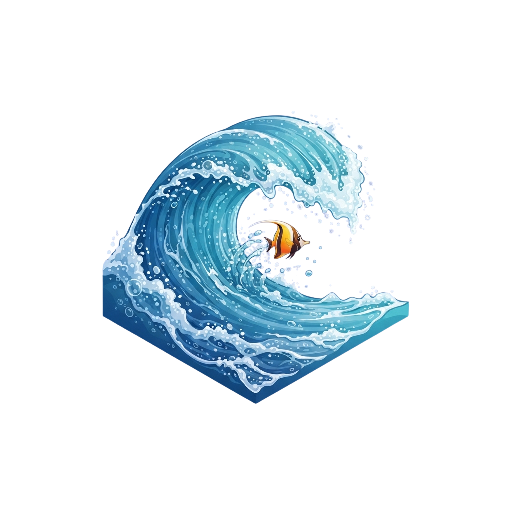 A stylized isometric wave with a colorful fish swimming inside the curl of the wave