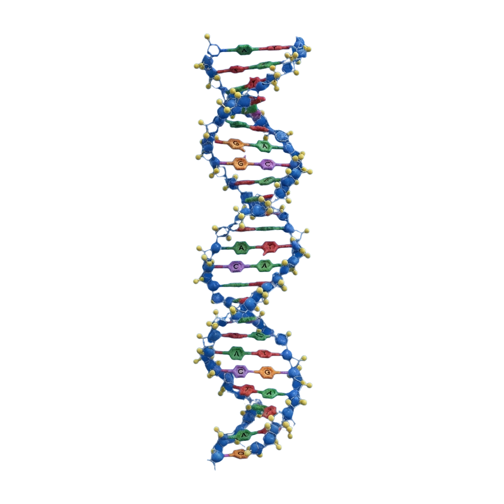 A colorful 3D model of a DNA double helix showing nucleotide bases paired in the center