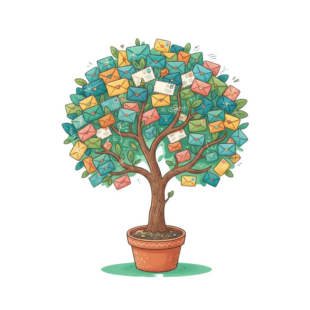 A stylized tree with colorful envelopes as leaves and branches, symbolizing communication or messages
