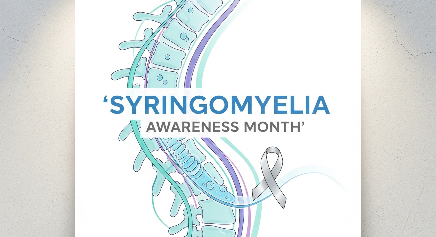 Syringomyelia Awareness Month. Medical Illustration of Spinal Cord and Gray Ribbon. - Feature Image May 143