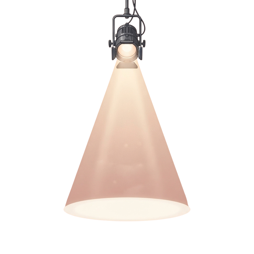 A stage spotlight mounted on a black yoke with a focused light beam projecting downward