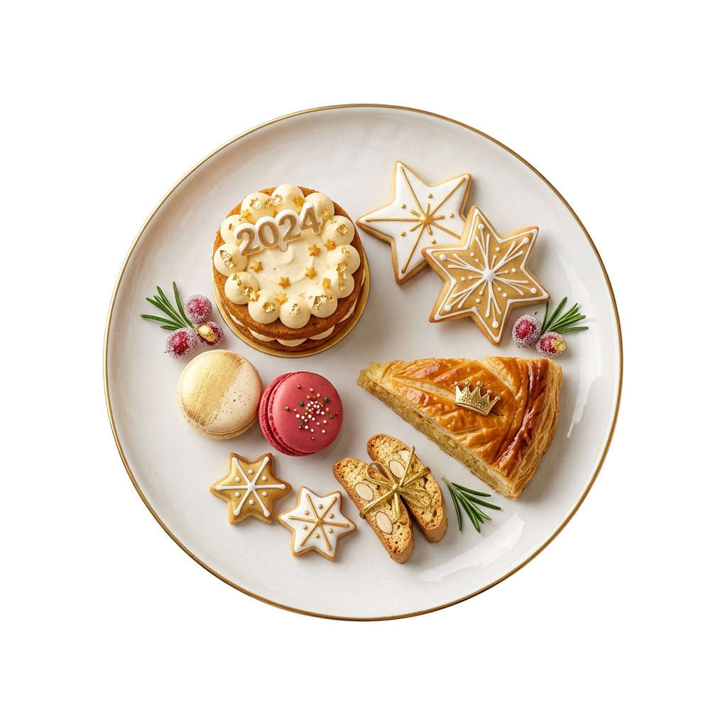 Plate with festive desserts including star-shaped cookies, macarons, tart, and a decorated cake