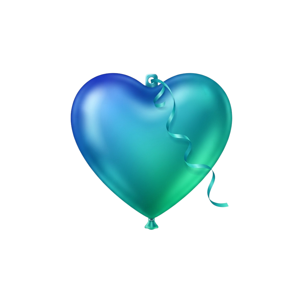 A heart-shaped balloon with a teal and blue gradient floating in mid-air against a black background