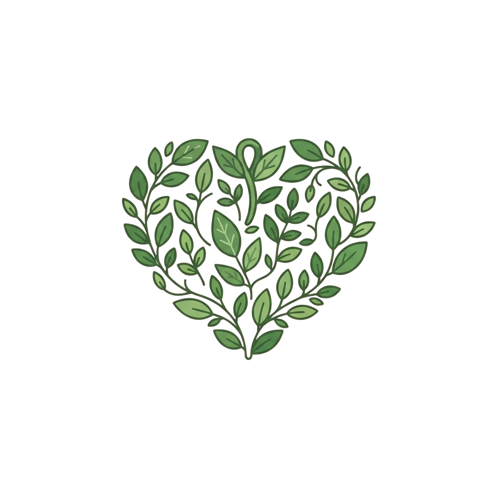 A heart shape composed of green leaves and vines on a black background
