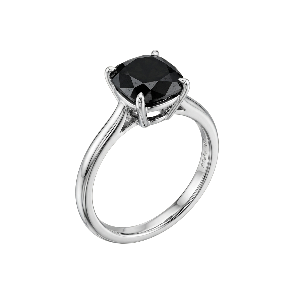 A white gold ring with a large black diamond center stone set in a prong setting