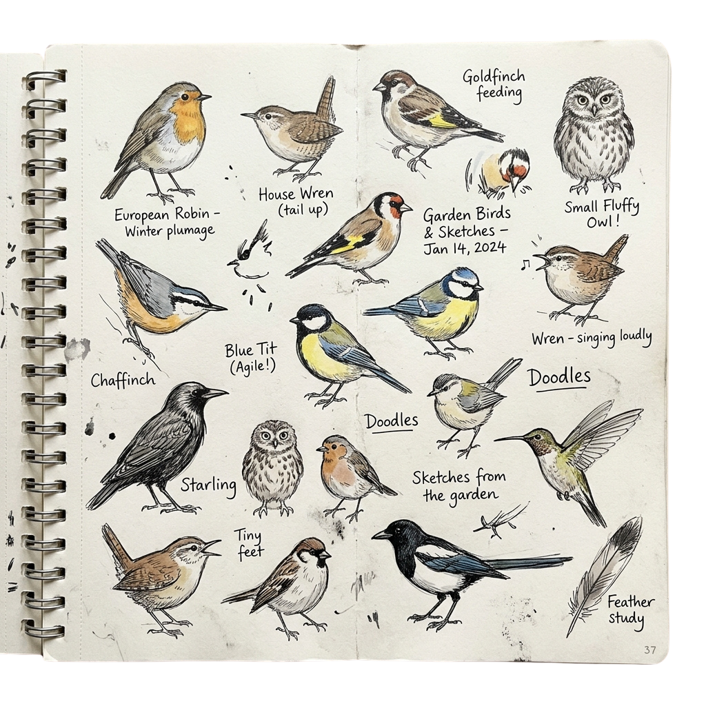 Watercolor sketches of various garden birds including robins, wrens, tits, and owls with labels and doodles.