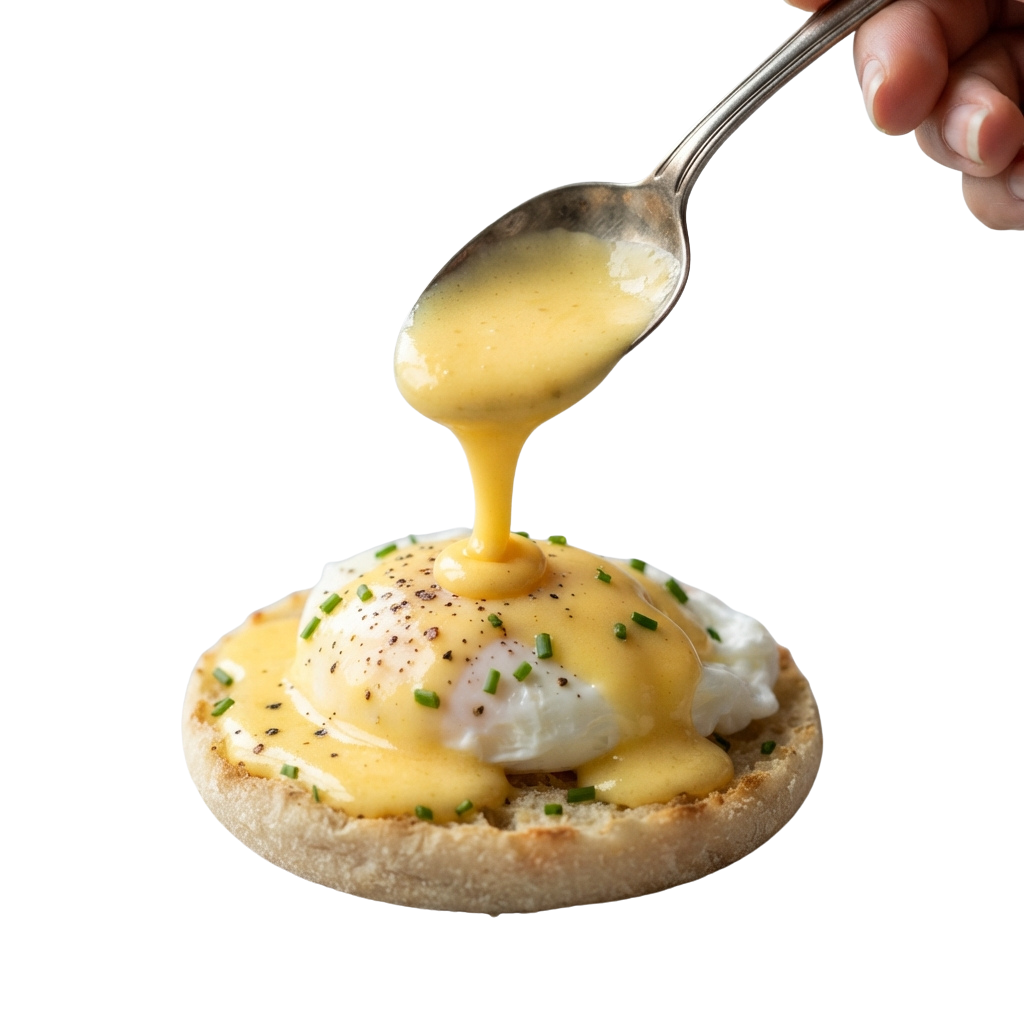A poached egg on an English muffin topped with hollandaise sauce and garnished with chives and white cheese.