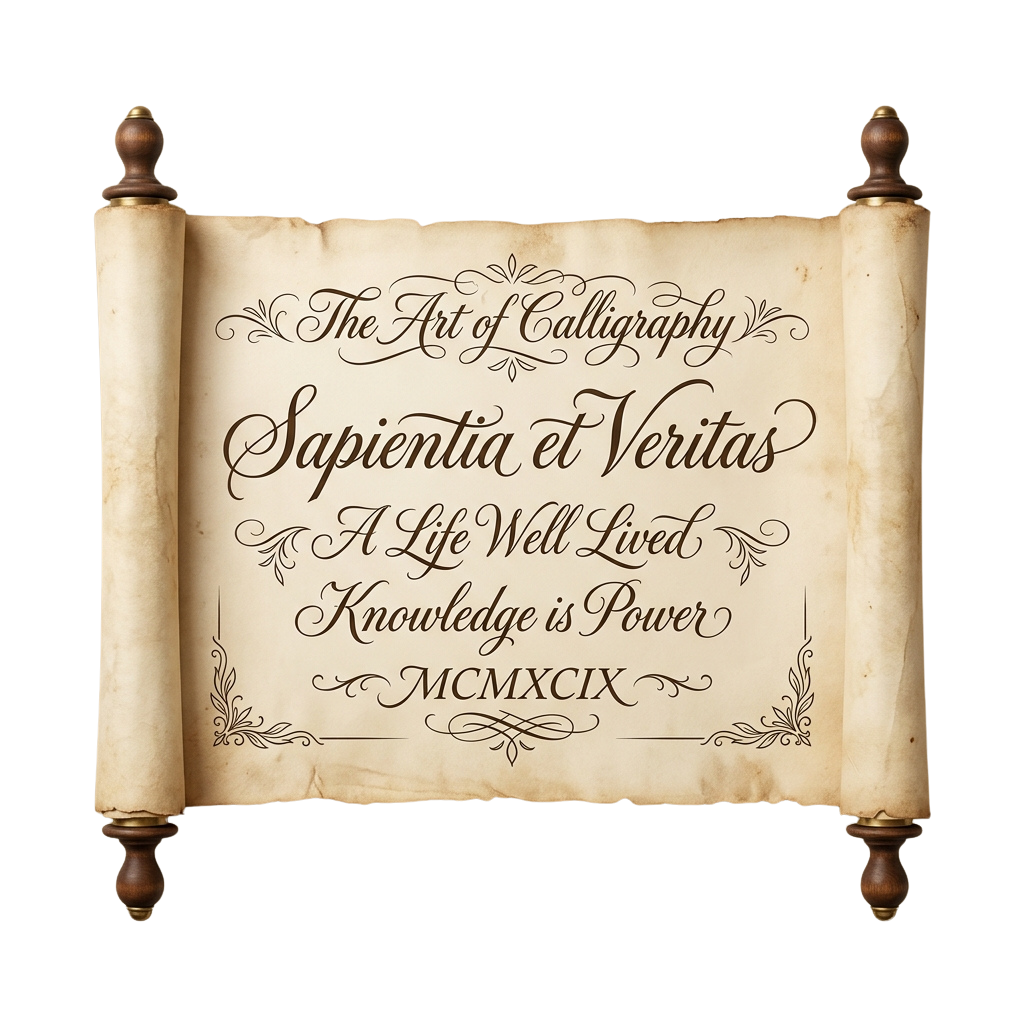 Vintage-style scroll with elegant calligraphy reading The Art of Calligraphy, Sapientia et Veritas, A Life Well Lived, Knowledge is Power, and MCMXCIX