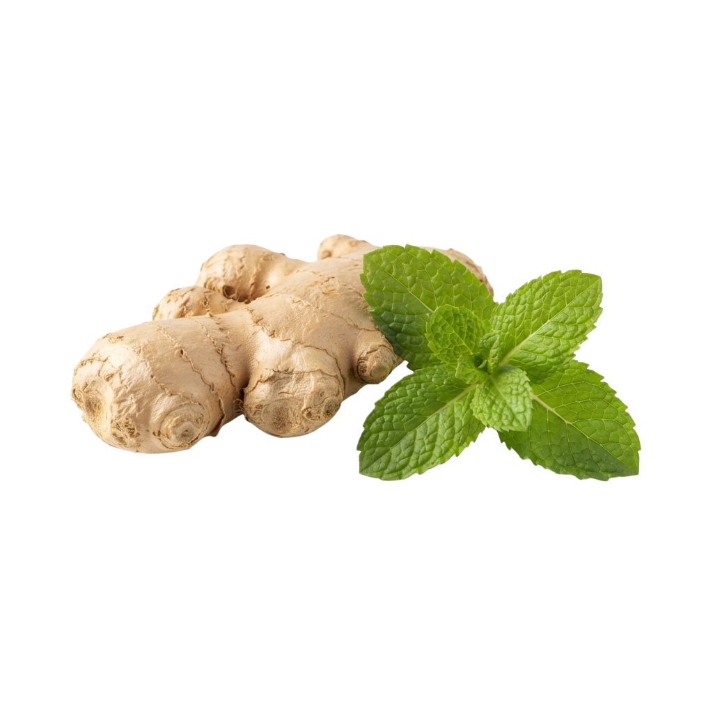 Fresh ginger root with knobby brown skin and a sprig of bright green mint leaves