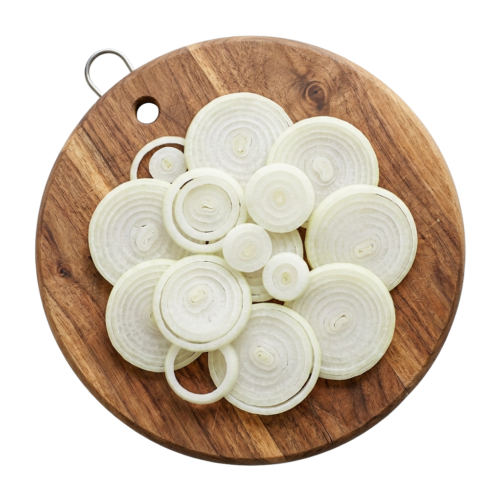 A wooden cutting board with sliced onions arranged in a circular pattern
