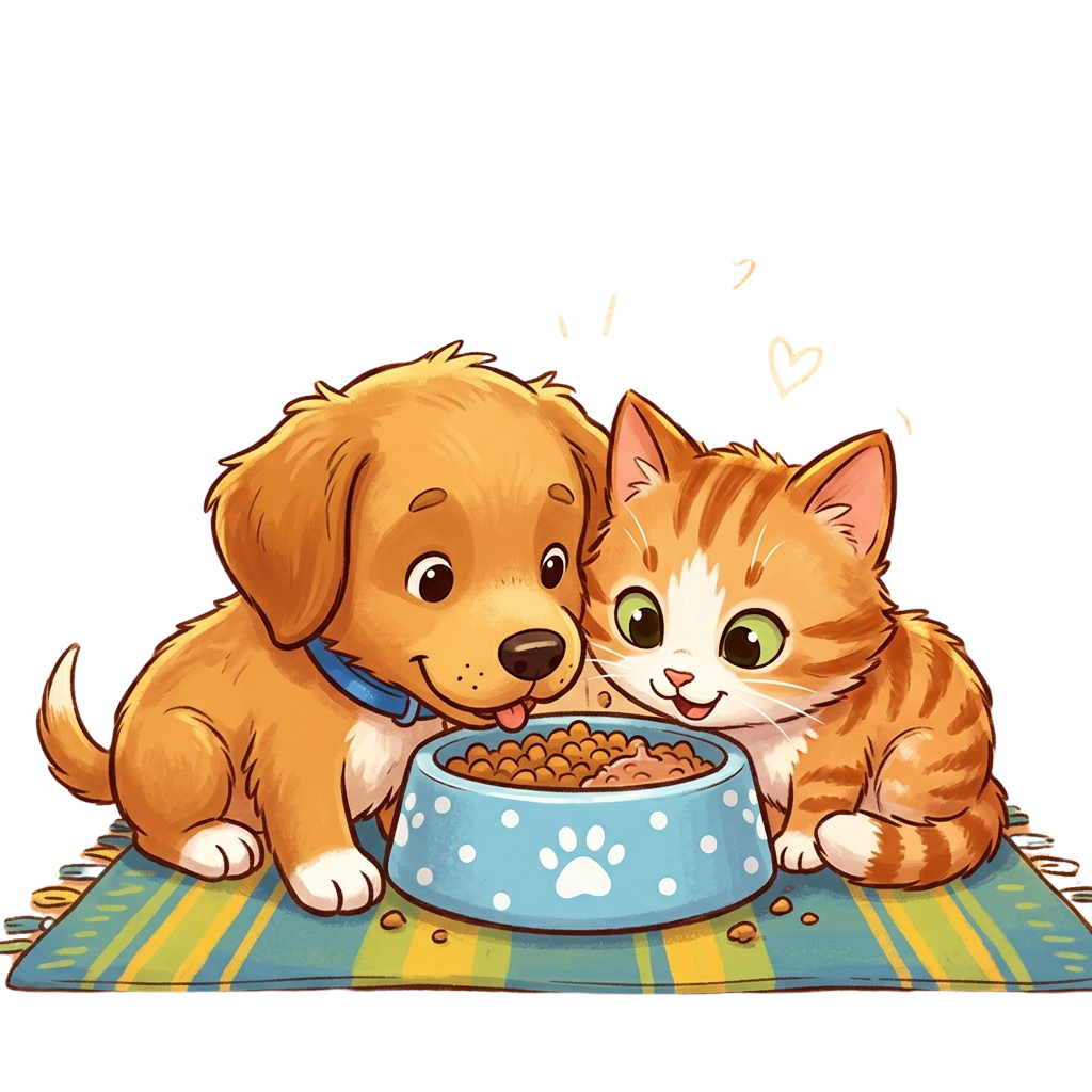 A friendly dog and cat sitting beside a bowl of food, smiling and sharing a meal together