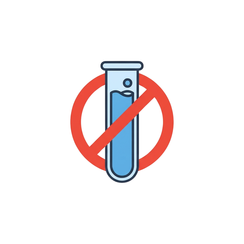 Red prohibition symbol over a blue test tube with liquid inside
