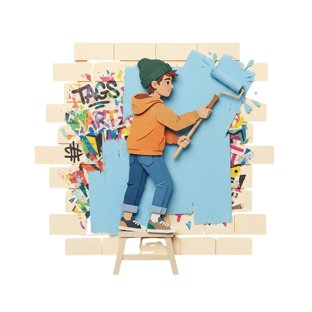 Illustration of a person painting a blue section on a colorful graffiti wall using a roller and standing on a step ladder