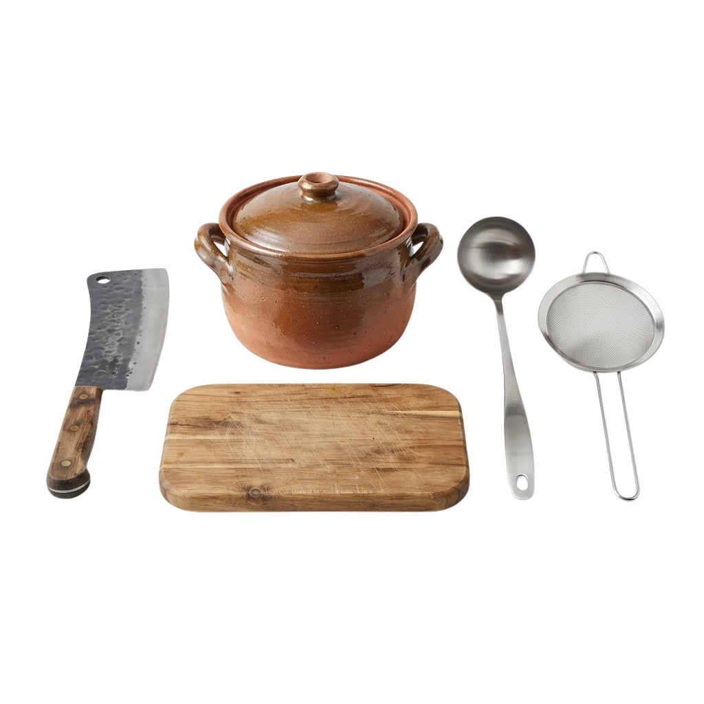 A set of vintage kitchen tools including a clay pot, wooden chopping board, knife, spoon, and strainer.