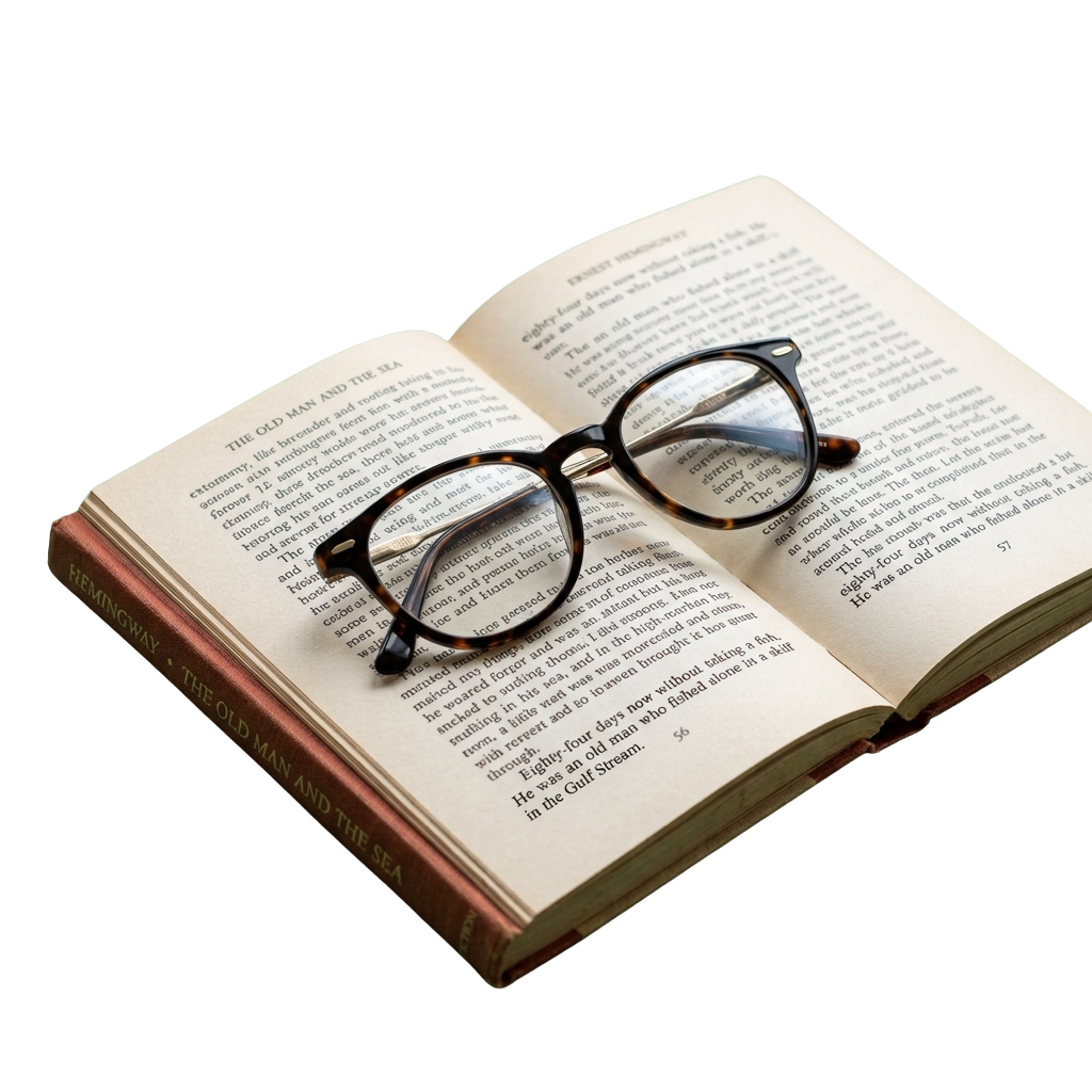 Open book displaying text with glasses resting on the pages.