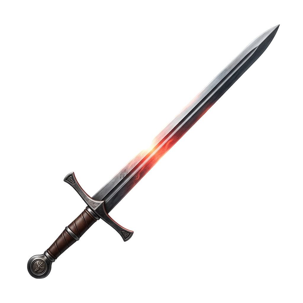 A glowing fantasy longsword with a detailed wooden handle and metal pommel against a black background