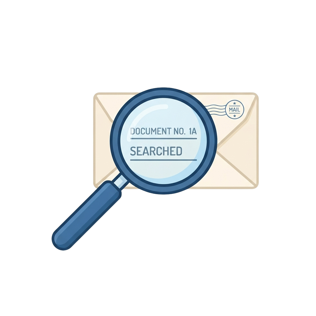 A magnifying glass examining a sealed envelope labeled Document No 1A and marked searched