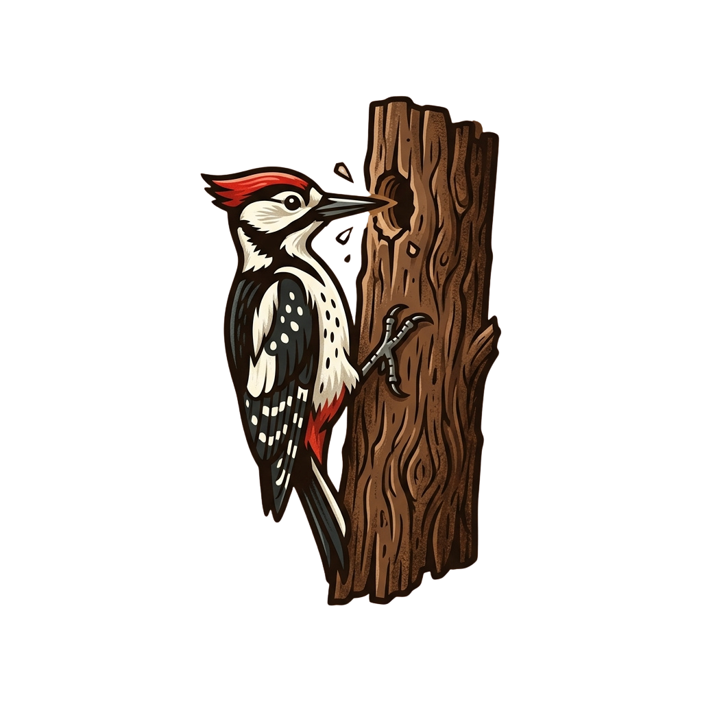Illustration of a woodpecker gripping a tree trunk with its claws and pecking at the bark