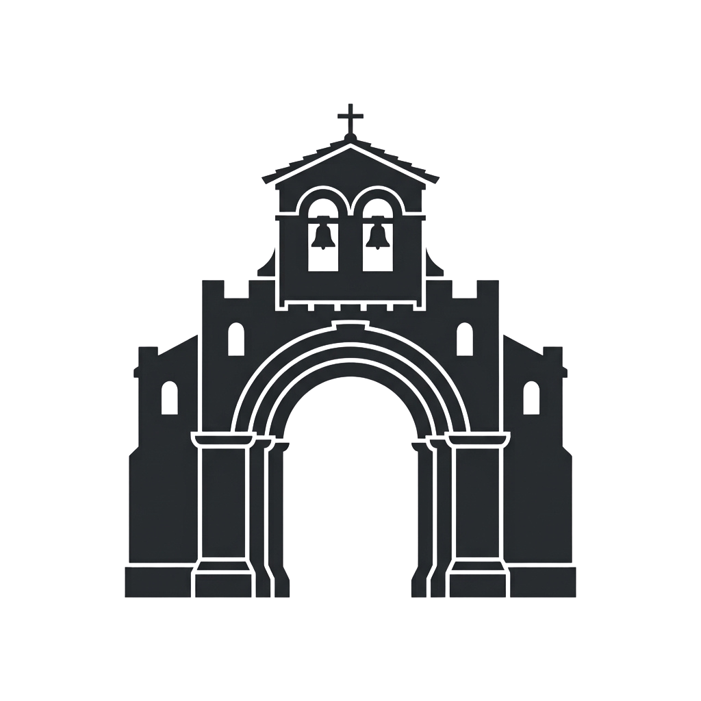 A grayscale illustration of a stone church featuring a central arched entrance, columns, and a bell tower with a cross.
