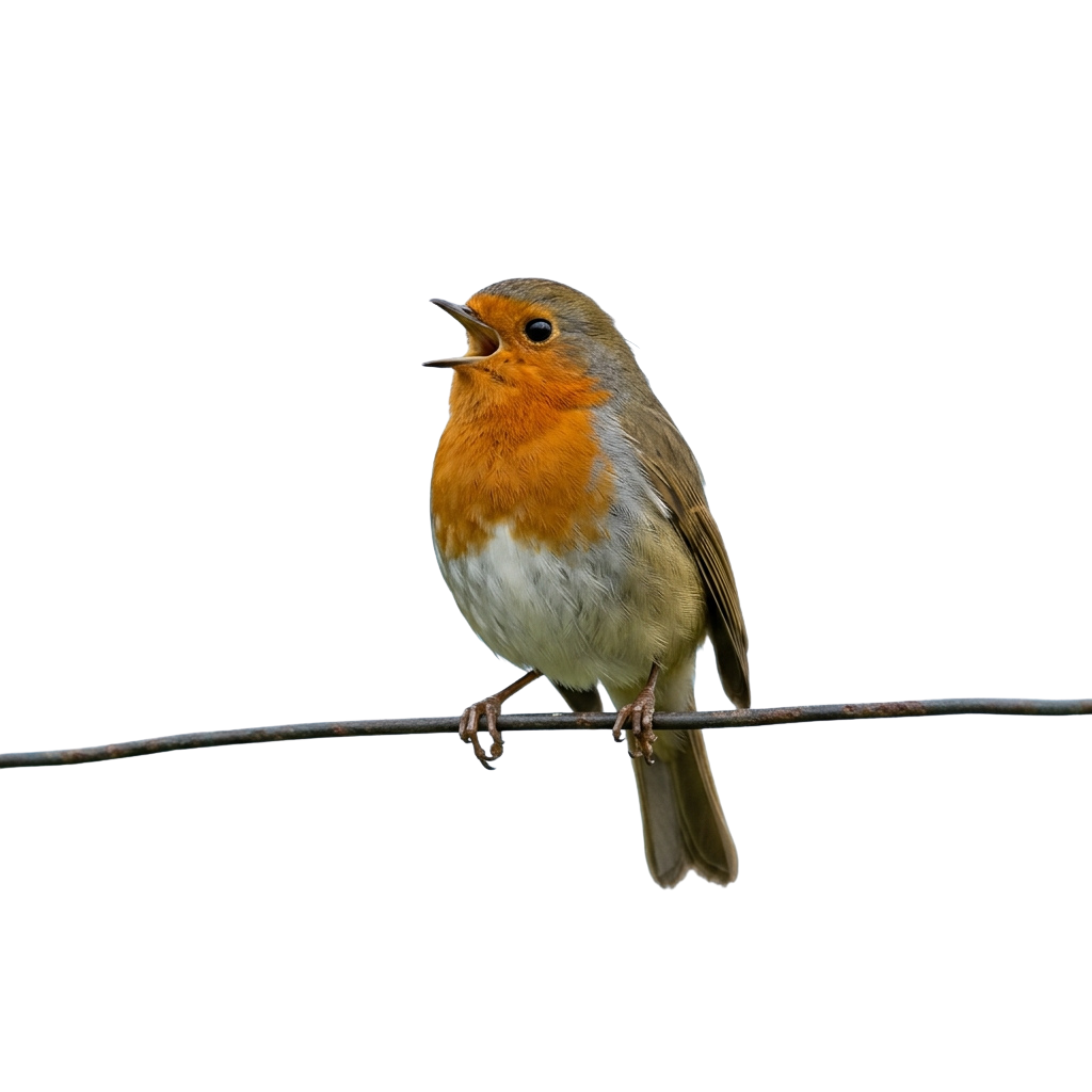 A European robin perched on a thin branch, singing with its beak open against a dark background
