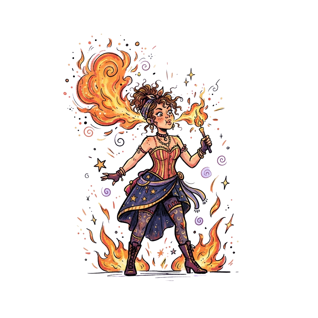 Illustration of a fantasy character with curly hair, wearing a corset and skirt, controlling fire with both hands