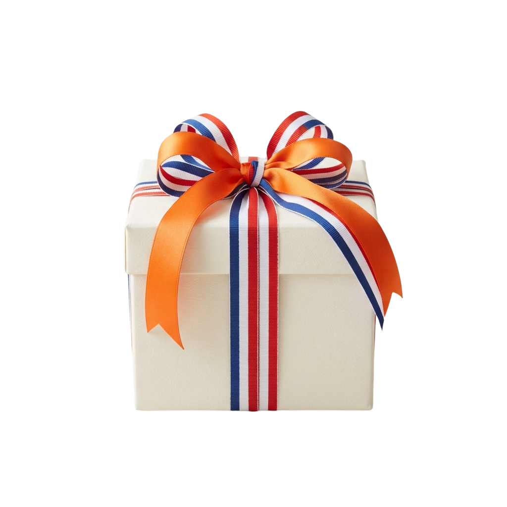 White gift box wrapped with orange, white, and blue ribbon bow resembling the Dutch flag