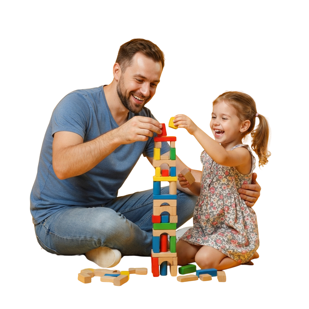 A smiling adult and child kneeling while playing with colorful building blocks.