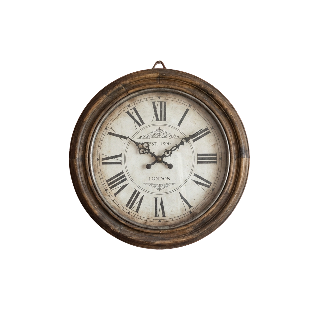 Antique wooden wall clock with Roman numerals, London label, and 1890 marking, hanging on a dark background