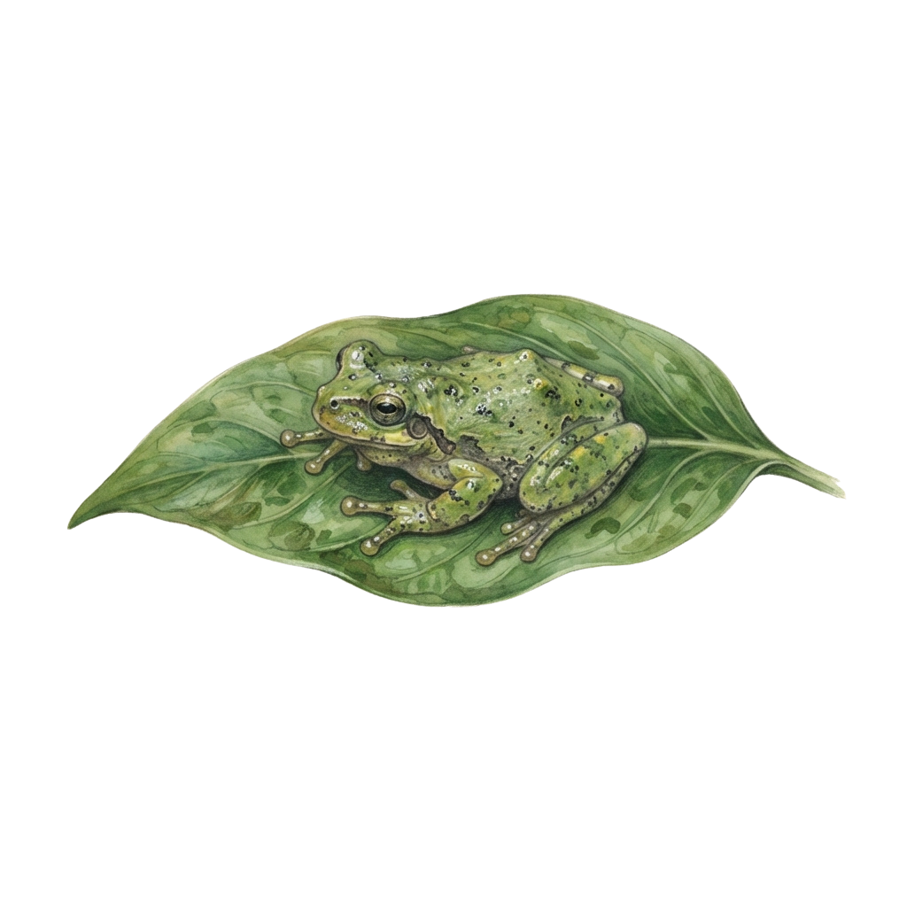 A green tree frog sitting on a large green leaf against a black background