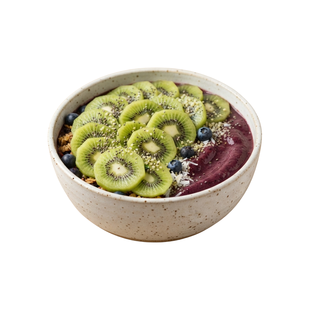 A ceramic bowl filled with kiwi slices, blueberries, chia pudding, and seeds on a dark background