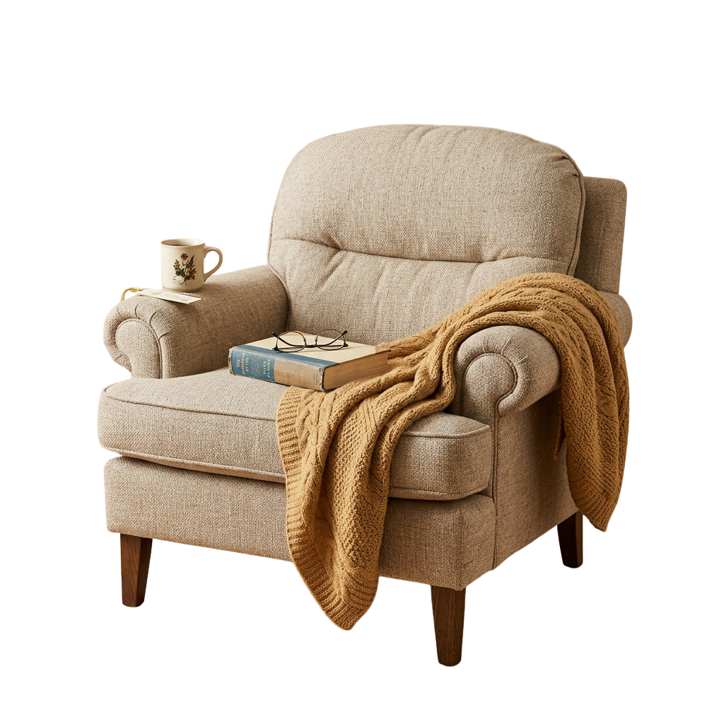 A beige armchair with a knitted throw draped over it, a book, a pair of glasses, and a mug on the armrest.